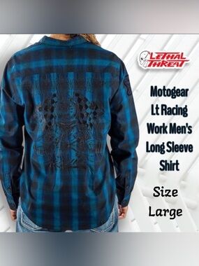 Lethal Threat Motorgear Death Row Button Black Blue Shirt Size Large